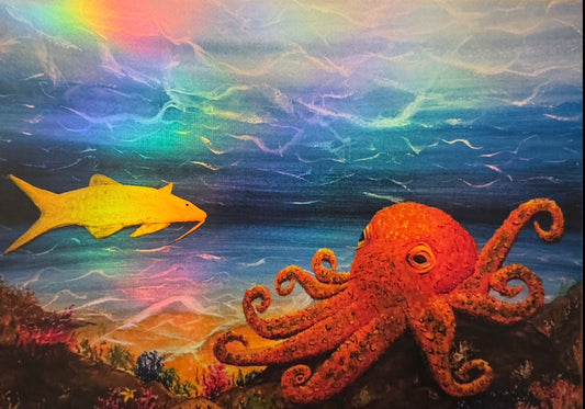 Holographic Art Print Vibrant Ocean Encounter A4 – Octopus & Catfish Colourful Underwater Scene