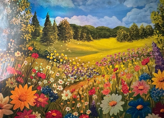 Holographic Meadow Landscape Print A4 – Vibrant Wildflower Field Wall Art
