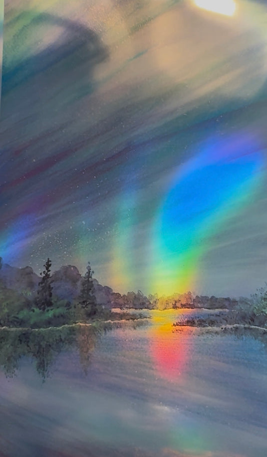 Holographic Aurora Landscape Print A4 – Iridescent Northern Lights Wall Art
